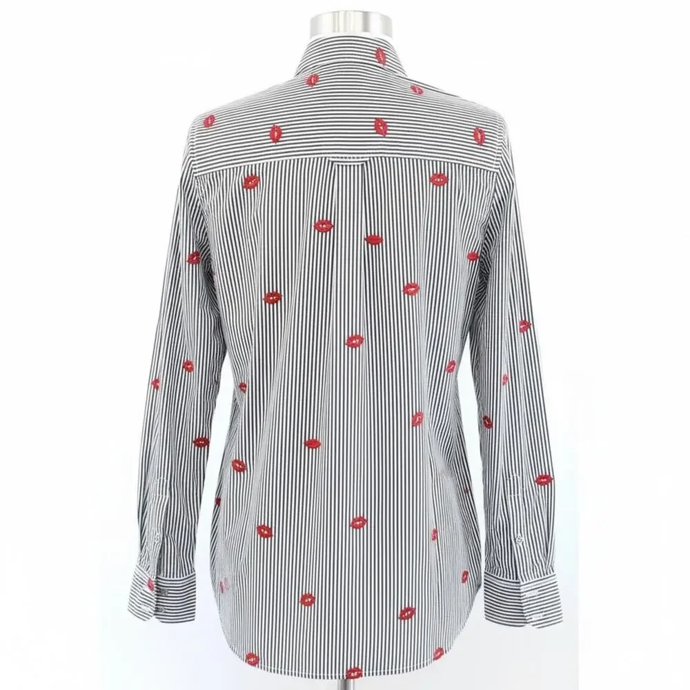 J. Crew Gray Striped Classic Boy Shirt Embroidered Kisses valentine's Day size 2